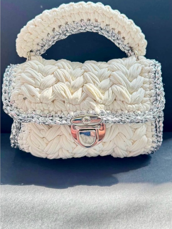 Handmade Handbags - White Crochet Mini Top-Handle Bag with Silver Trim